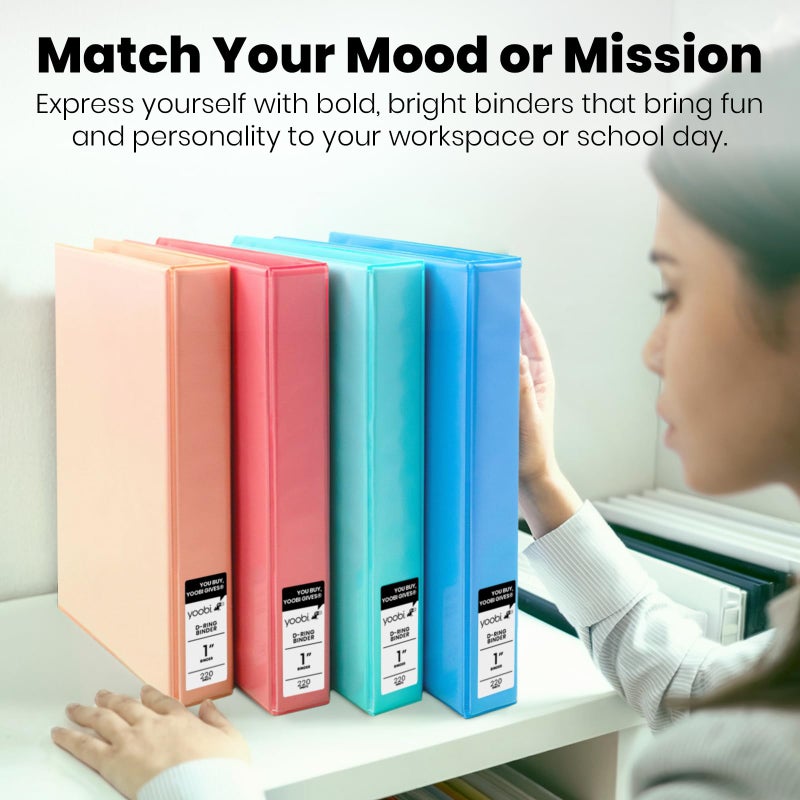 Yoobi 1 Inch Binder Set, 3 Ring Binders with Plastic Cover, 2 Pocket Sleeves and D Rings, Organizer for up to 220 Sheets of Loose Paper, 4 Pack Cute Binders, Multicolor, Office or School Supplies - Image 2